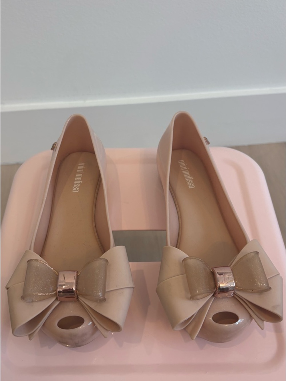 Mini Melissa Nude Pink Bow Peep-Toe Flats